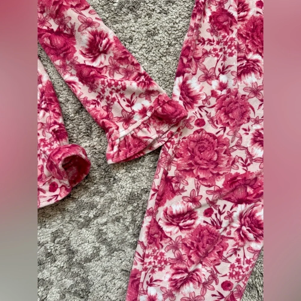 Betsey Johnson Girls Floral Fleece Pajama Set Pink Button Top Size 10